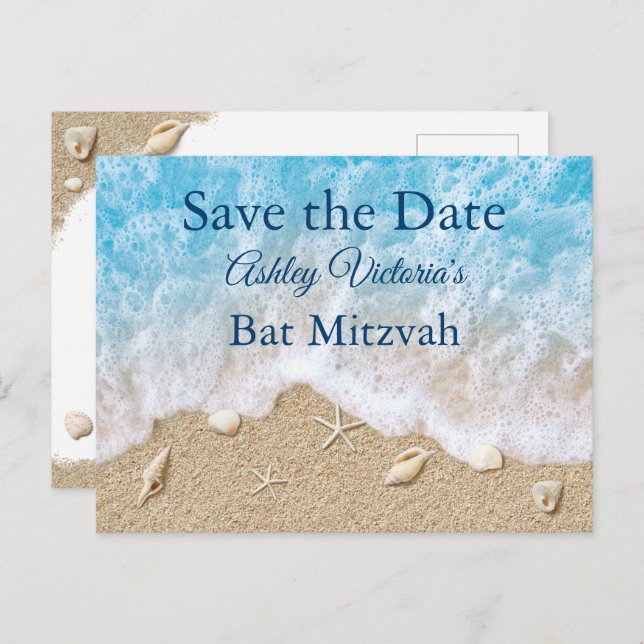 Cartão Postal De Convite Blue Beach Waves Bat Mitzvah Save the Date (Frente/Verso)