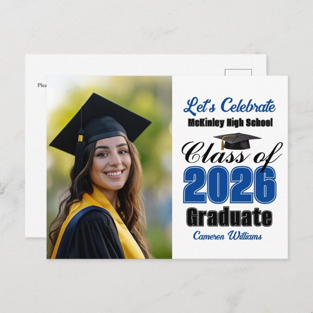 Cartão Postal De Convite Blue Class of 2026 Photo Graduation Party (Frente/Verso)