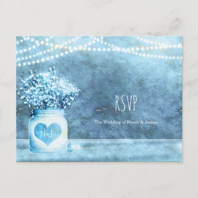 Cartão Postal De Convite Blue Heart Mason Jar & Baby's Breath Wedding RSVP (Frente)