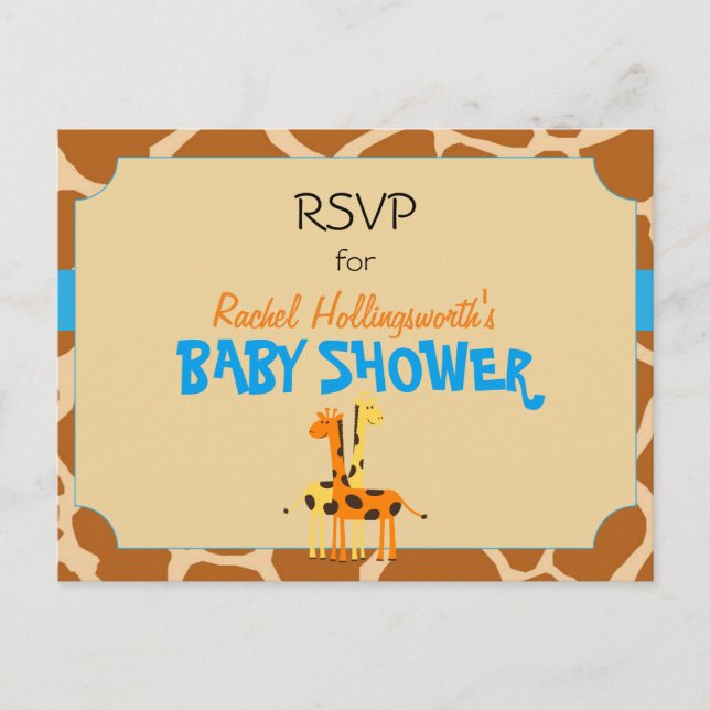 Cartão Postal De Convite Blue & Orange Giraffe Safari Animal RSVP (Frente)