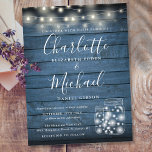 Cartão Postal De Convite Blue Rustic Wood String Luzes Mason Jars Casamento<br><div class="desc">Um cartão postal de convite de casamento na moda rustico com bonito luzes de cordas,  frascos-pedras,  nomes de estilo de assinatura e tipografia quic num fundo azul de madeira rustica. Projetado por Thisnotme©</div>