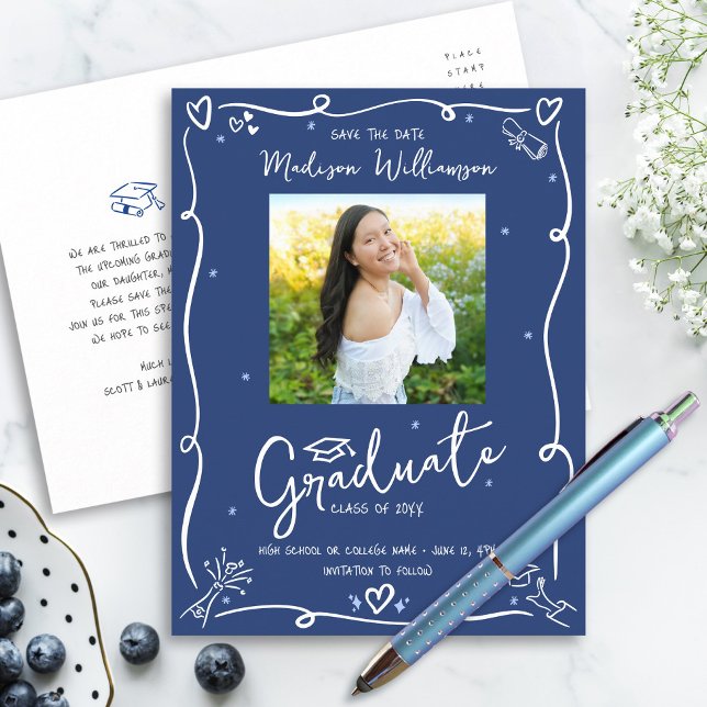 Cartão Postal De Convite Blue White Doodles Graduation Save the Date Photo (Criador carregado)