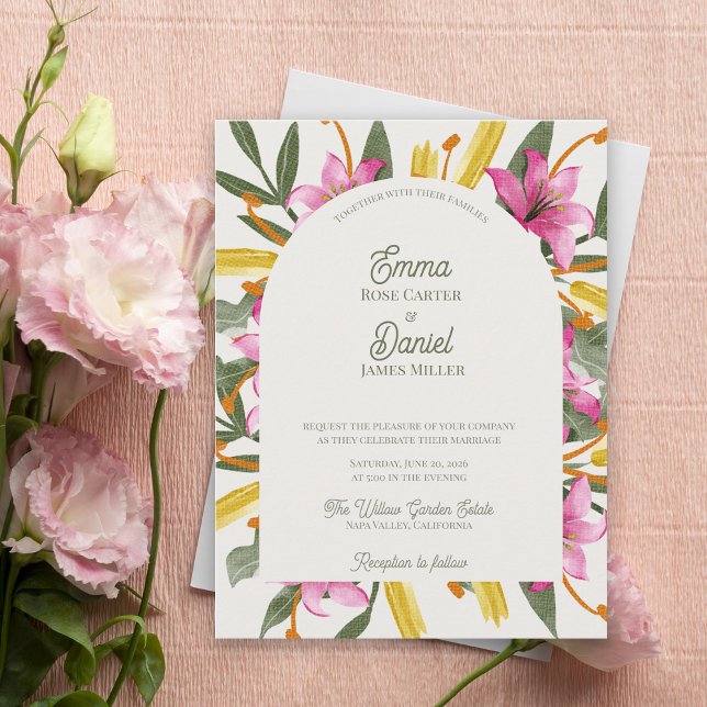 Cartão Postal De Convite Blush Lily Arched Botanical Floral Wedding (Blush Lily Arched Wedding Invitation | Elegant Botanical Arch Floral Wedding Invite)