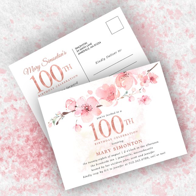 Cartão Postal De Convite Blush Pink Floral 100º Aniversário (Criador carregado)