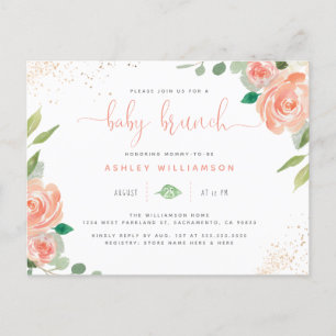 Cartão Postal De Convite Blush Watercolor Peonies & Eucalyptus Baby Brunch