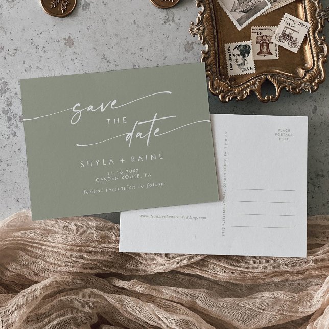 Cartão Postal De Convite Boho Chic Sage Green Weding the Date (Criador carregado)