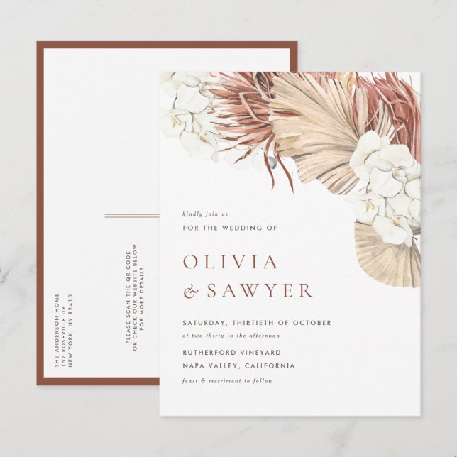 Cartão Postal De Convite Boho Folhas de Palma Secas e Orquídeas Casamento d (Frente/Verso)