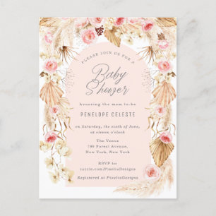 Cartão Postal De Convite boho pampas com chá de fraldas de arco floral rosa