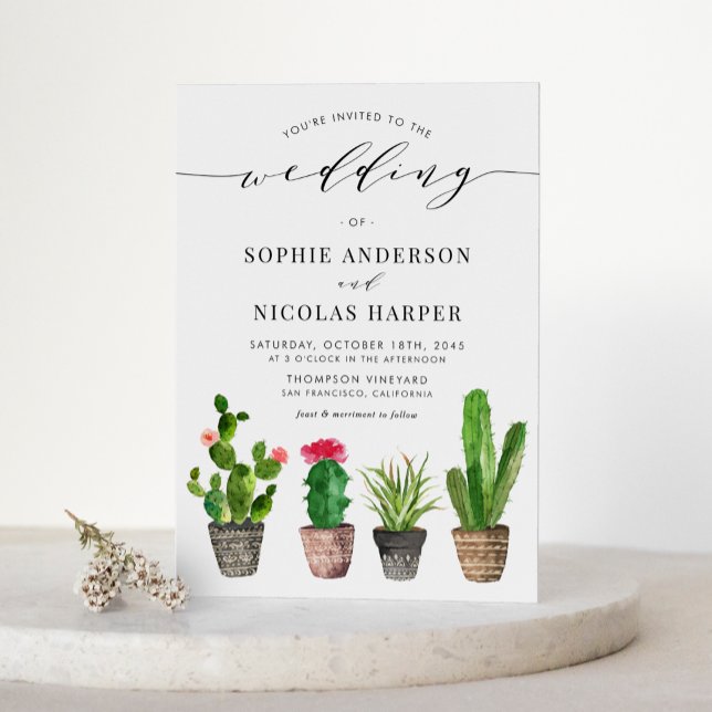 Cartão Postal De Convite Boho Potted Succulents and Cactus QR Code Wedding (Boho Potted Succulents and Cactus QR Code Wedding Invitation Postcard)