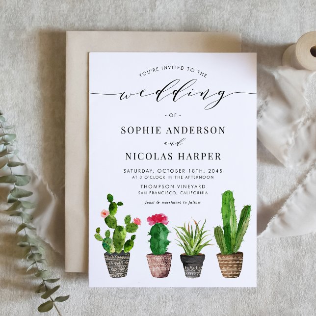 Cartão Postal De Convite Boho Potted Succulents and Cactus Summer Wedding (Boho Potted Succulents and Cactus Summer Wedding Invitation Postcard)