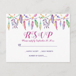 Cartão Postal De Convite Boho RSVP Roxo Penas Americanas Nativas