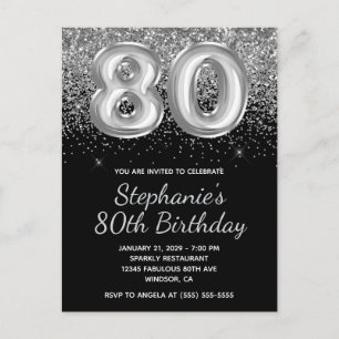 Cartão Postal De Convite Bola Preta Brilhante com Glitter Prata para 80º An