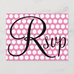 Cartão Postal De Convite Bolinhas branca e rosa RSVP preto Elegante