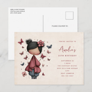 Cartão Postal De Convite Boneca de Fada Caprichosa Aniversário Fofo Retrô