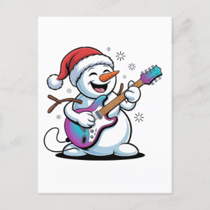 Cartão Postal De Convite Boneco de Neve Tocando Guitarra Elétrica Rock Nata