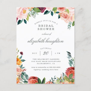 Cartão Postal De Convite Borgonha Marsala Blush Chá de panela Floral Rosa