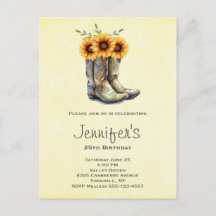 Cartão Postal De Convite Botas de Cowboy Rústicas com Girassóis de Aniversá
