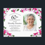 Cartão Postal De Convite Branca Cor-de-rosa Floral 60º Aniversário<br><div class="desc">Bonitas pansias cor-de-rosa e brancas estão aninhadas em folhas verdes escuras. A comemoração do 60º aniversário e o nome da pessoa estão escritos em grande texto. Há mais espaço na parte de trás do cartão postal para criar uma mensagem especial aos seus convidados. Todo o texto pode ser editado. Escolha...</div>