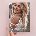 Cartão Postal De Convite Branco de Script Casual | Duas Festas de formatura<br><div class="desc">Este convite postal da festa de formando elegante apresenta duas fotos do formando. Na frente há um roteiro branco casual moderno junto com o nome do formando, a escola e o ano de aula. Na parte de trás está uma segunda, desbotada, foto do formando com todas as informações do seu...</div>