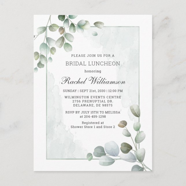 Cartão Postal De Convite Bridal Luncheon Eucalyptus Greenery Watercolor (Frente)