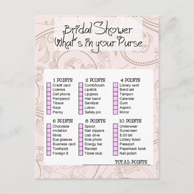 Cartão Postal De Convite Bridal shower game- What is in your purse? (Frente)