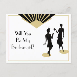 Cartão Postal De Convite Bridesmaid Art Deco Black Dourado