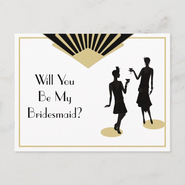 Cartão Postal De Convite Bridesmaid Art Deco Black Dourado (Frente)