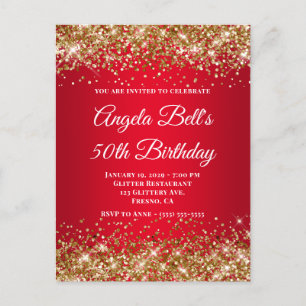 Cartão Postal De Convite Bright Red Ombre Dourado 50º Aniversário