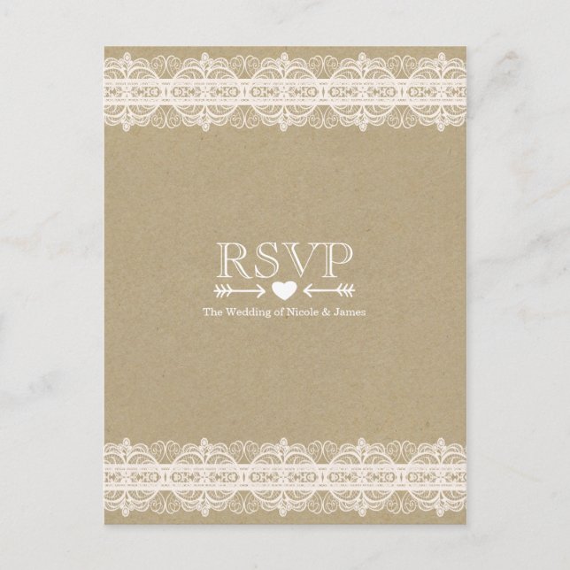 Cartão Postal De Convite Brown Paper & Lace Natural Rustic Weding RSVP (Frente)