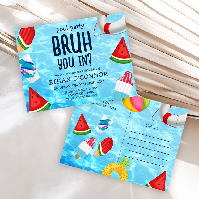 Cartão Postal De Convite Bruh You In Piscina Party (Bruh You In Pool Party Kids Birthday Invitation Postcard)