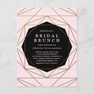 Cartão Postal De Convite Brunch Dourado Geométrico, Blush & Black Bridal