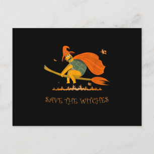 Cartão Postal De Convite Bruxa de Halloween Tartaruga Voadora Salem