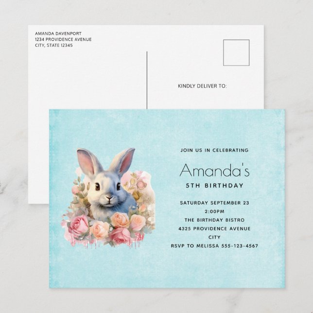 Cartão Postal De Convite Bunny with a Garland of Roses Cute Birthday (Frente/Verso)