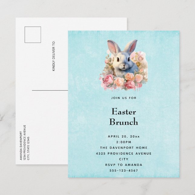 Cartão Postal De Convite Bunny with a Garland of Roses Cute Easter (Frente/Verso)