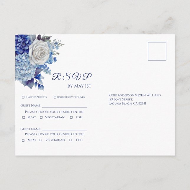 Cartão Postal De Convite Buquê de Flor Azul-Cria-RSVP de Casamento (Verso)