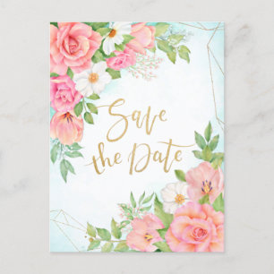 Cartão Postal De Convite Buquê Floral Turquesa Ombre Rosas Salve a Data