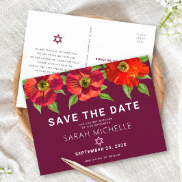 Cartão Postal De Convite Burgundy Bat Mitzvah Save Date Floral Watercolor