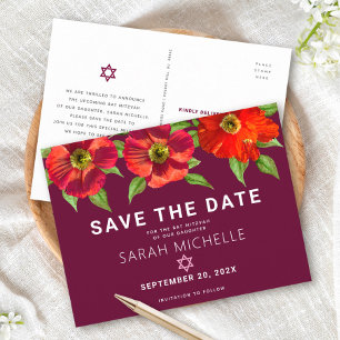 Cartão Postal De Convite Burgundy Bat Mitzvah Save Date Floral Watercolor