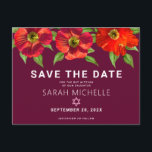 Cartão Postal De Convite Burgundy Bat Mitzvah Save Date Floral Watercolor<br><div class="desc">Certifique-se de que todos os seus amigos e parentes serão capazes de celebrar o marco da sua filha Bat Mitzvah! Mande esta aquarela floral vermelha, chique e atordoante com serifa san moderno contra um pano de fundo, personalizado cartão postal de anúncio "Salvar a Data". Personalize o texto personalizado com o...</div>