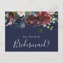 Cartão Postal De Convite Burgundy e Blue Floral serão minhas madrinhas