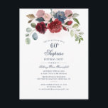 Cartão Postal De Convite Burgundy Floral 60º Aniversário do Partido Surpres<br><div class="desc">Cartão-postal Floral 60º Aniversário do Convite de festas Surpresa Burgundy que você pode personalizar facilmente para a maioria dos aniversários clicando no botão "Personalizar". Apresentando uma elegante burgundy, azul empoeirado, verde eucalipto e flores cor-de-rosa pinceladas com roteiro e tipografia moderna. Dica: veja nossa coleção de suprimentos de festas na loja...</div>