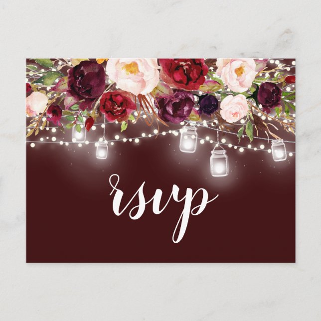 Cartão Postal De Convite Burgundy Floral Mason Jar String Lights RSVP (Frente)