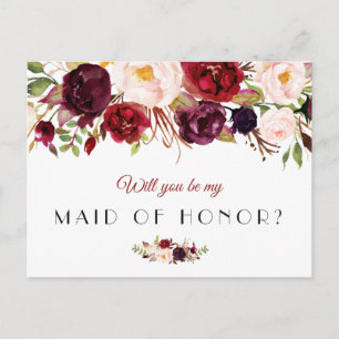 Cartão Postal De Convite burgundy floral, você será meu cartão de Madrinha 