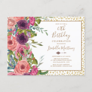Cartão Postal De Convite Burgundy Rosa Floral Dourado Brilho 40º Aniversári