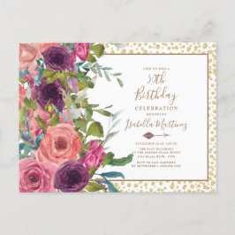 Cartão Postal De Convite Burgundy Rosa Floral Dourado Brilho 50º Aniversári