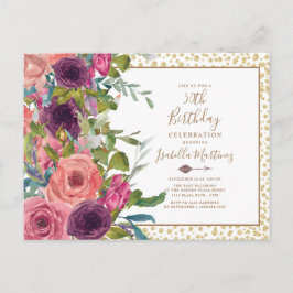Cartão Postal De Convite Burgundy Rosa Floral Dourado Brilho 50º Aniversári