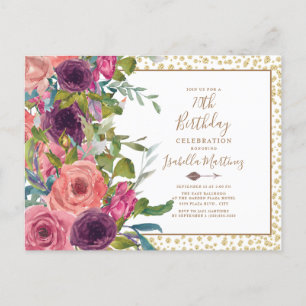 Cartão Postal De Convite Burgundy Rosa Floral Dourado Brilho 70º Aniversári