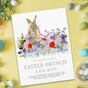 Cartão Postal De Convite Caça ao Ovo de Páscoa e Floral de Cute Bunny