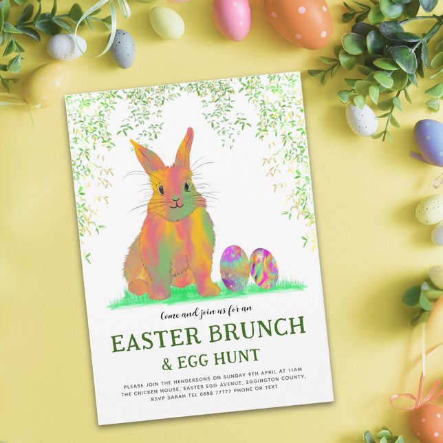 Cartão Postal De Convite Caça de Ovos e Brunch Verde (Easter egg hunt spring brunch colorful watercolor cute bunny & eggs garden party invitation)