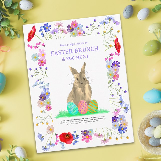 Cartão Postal De Convite Caça de Ovos e Brunfloral de Coelho da Páscoa (Easter egg hunt spring brunch cute bunny watercolor wildflower floral garden party invitation budget)